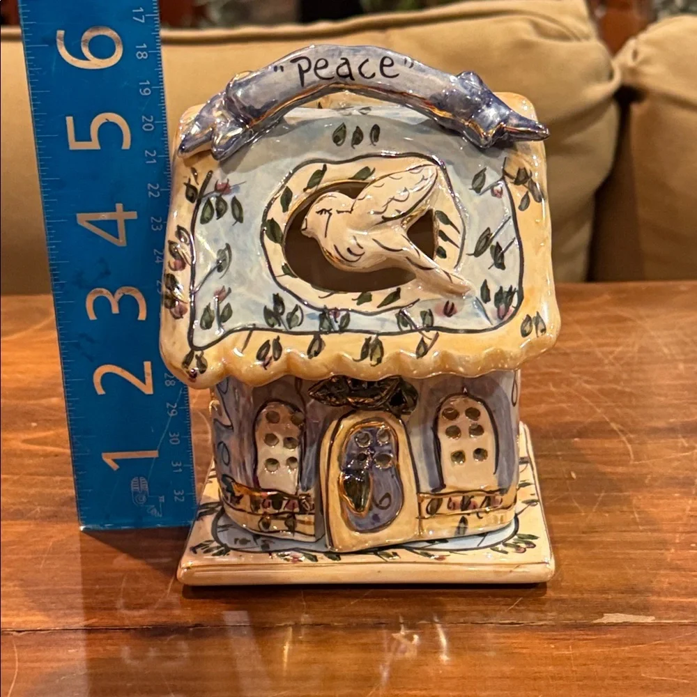 NWOT Blue Sky Ceramic May Peace Live In Your Home Dove 2 Pc Candle Holder 2001